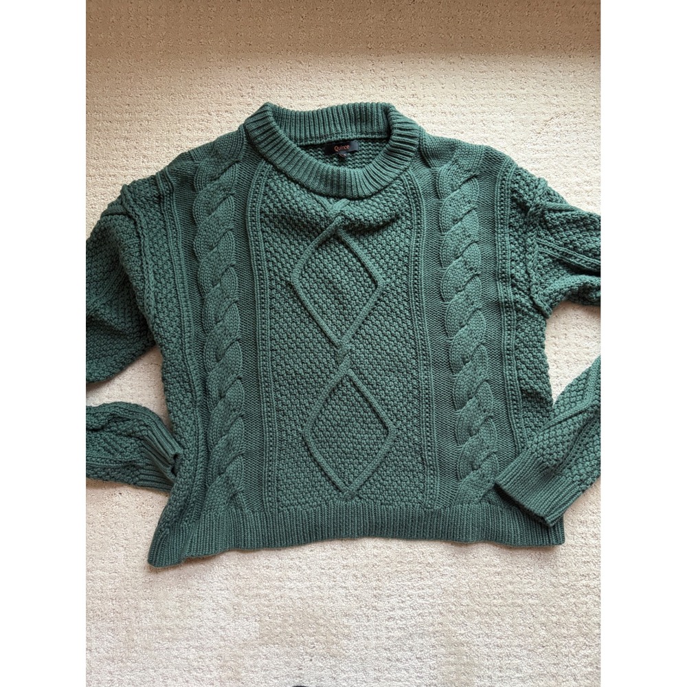 Quince Cable Knit Sweater Womens S Forest Green Organic Cotton Chunky Pullover
